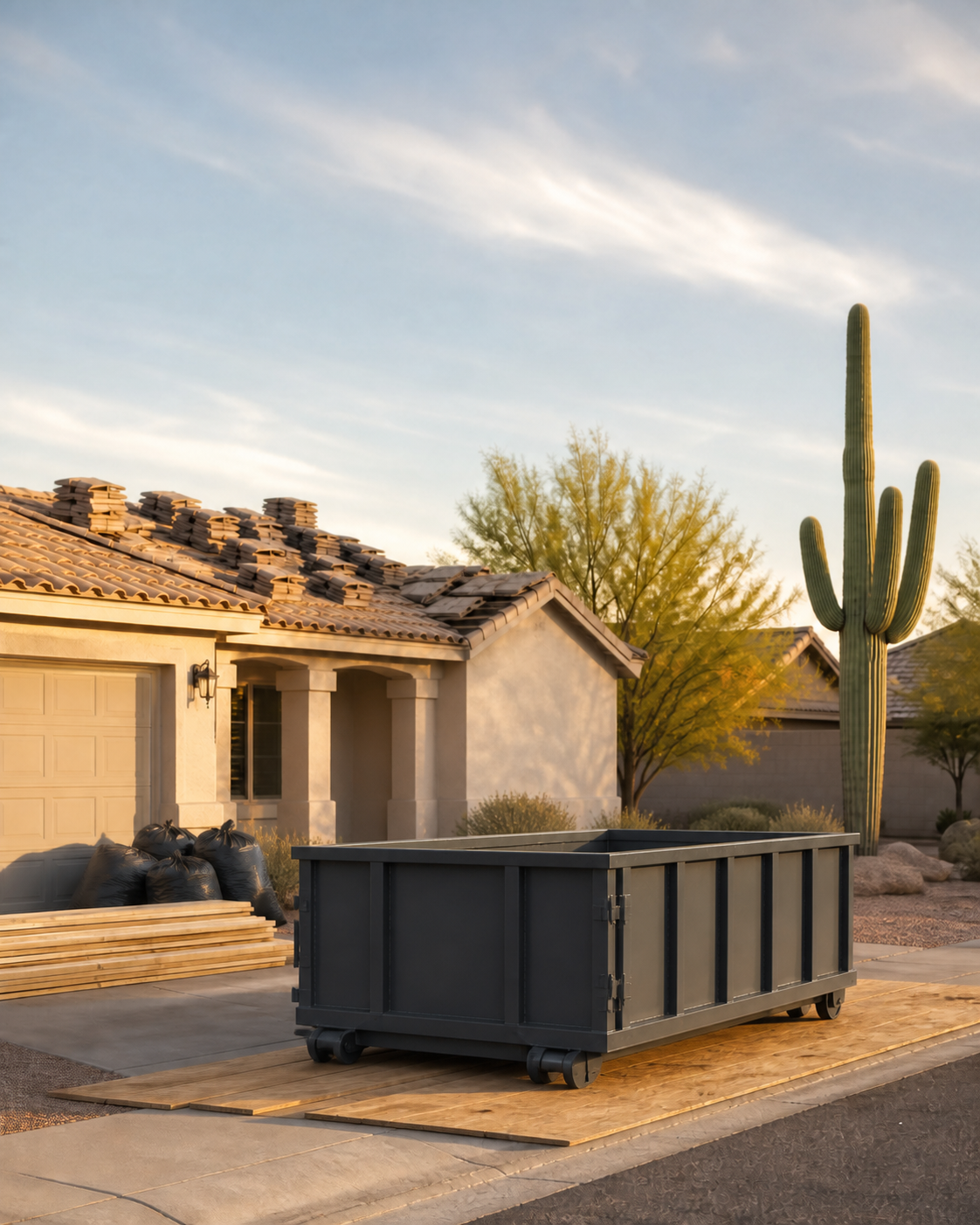 Roll-off dumpster placed on protective boards at a Phoenix-area home