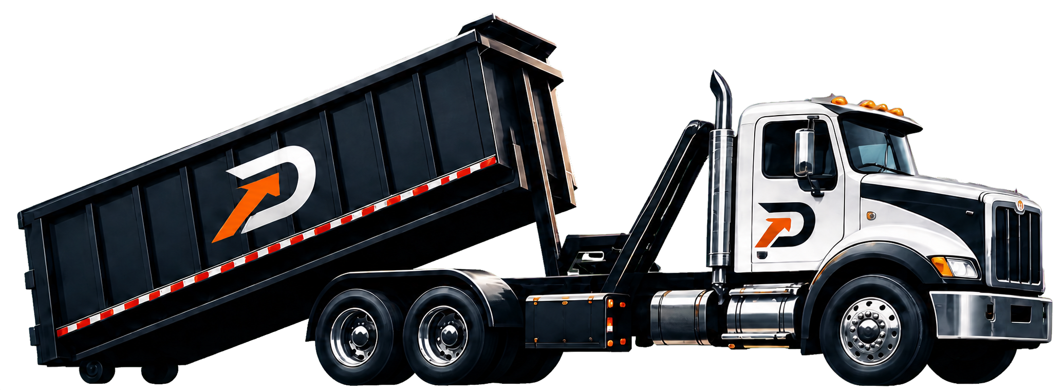 White Desert Drop roll-off truck with matching orange-arrow logos on the cab and raised navy dumpster