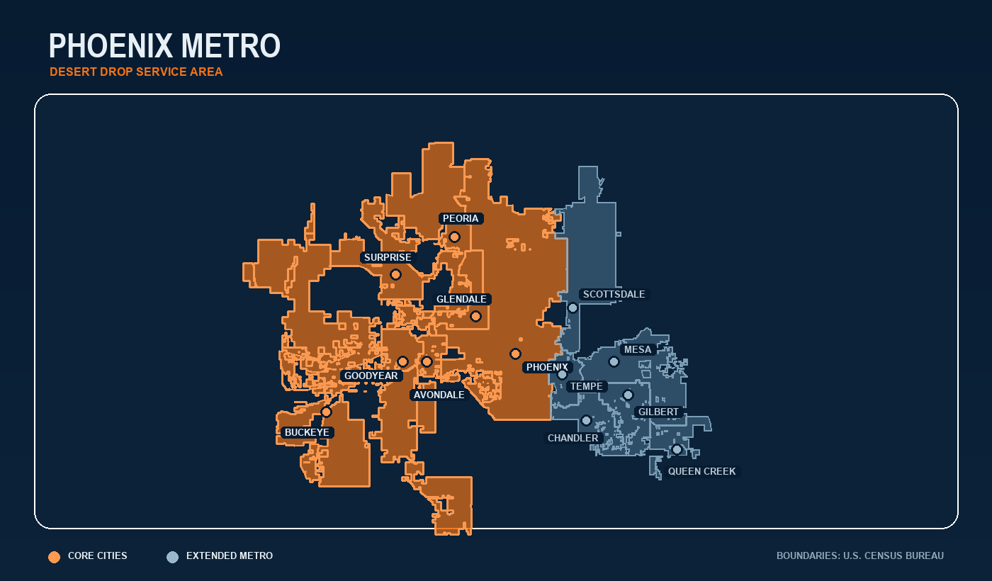 Phoenix metro service map showing the real municipal boundaries of Desert Drop's core and extended service cities