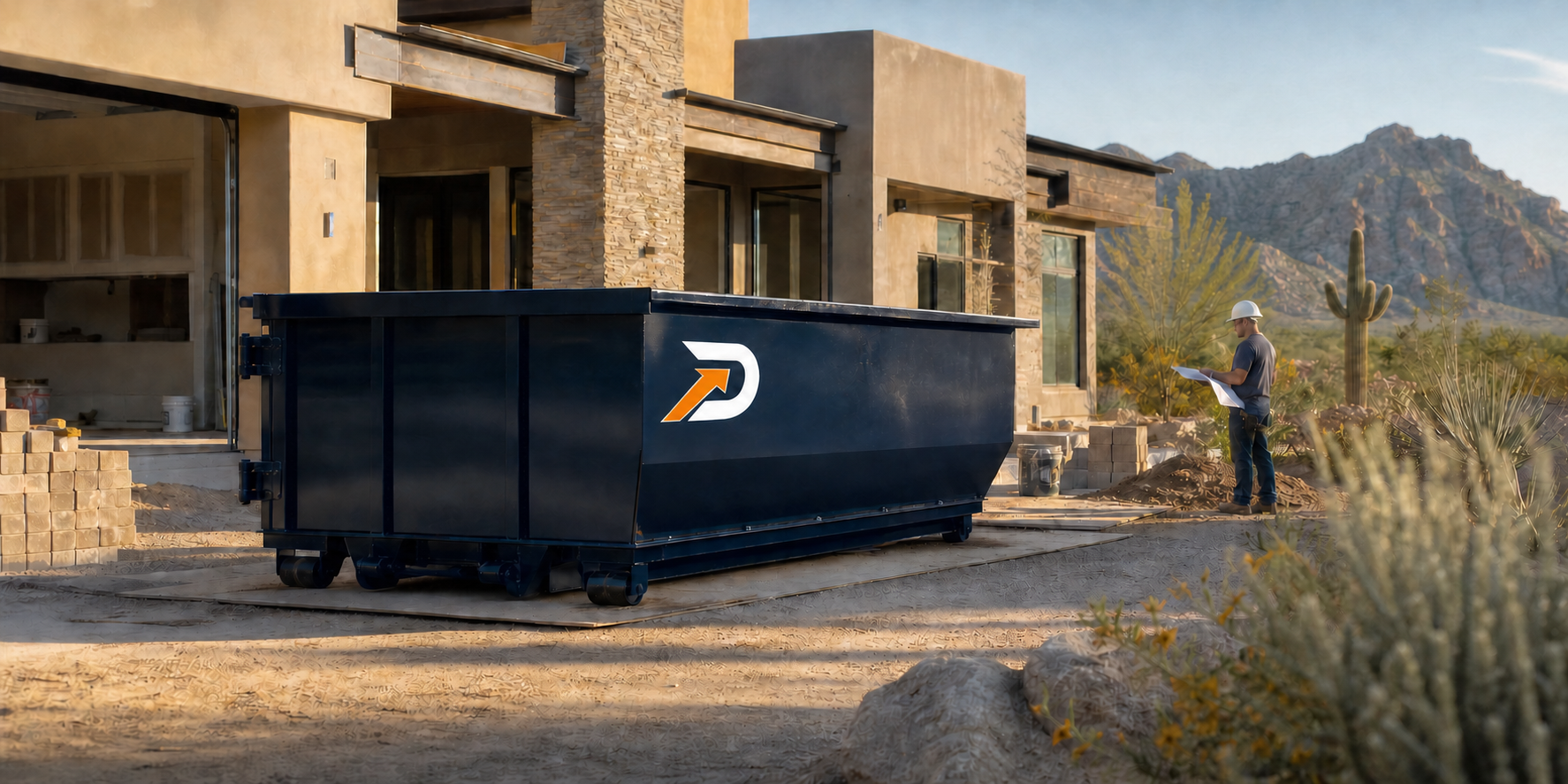 Navy Desert Drop dumpster with the white D emblem and orange arrow at a Phoenix renovation project